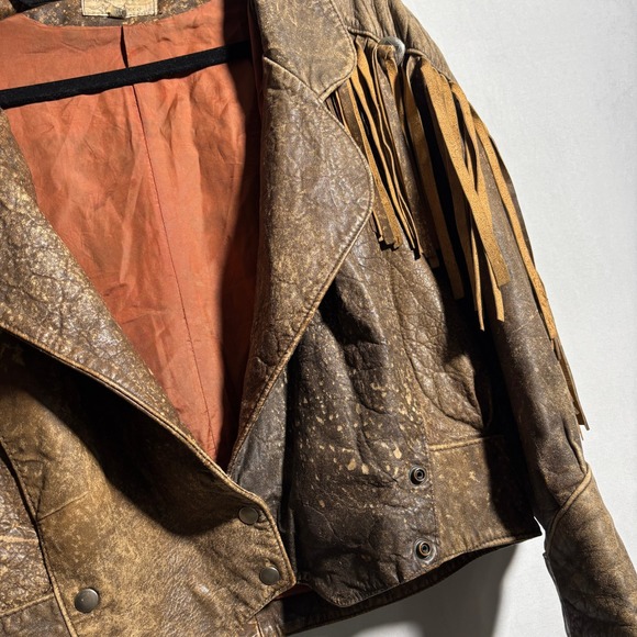 VTG Brown Leather Fringe Jacket Moto Crop Boho Western Rodeo Sz M Distressed SEE - Picture 4 of 9